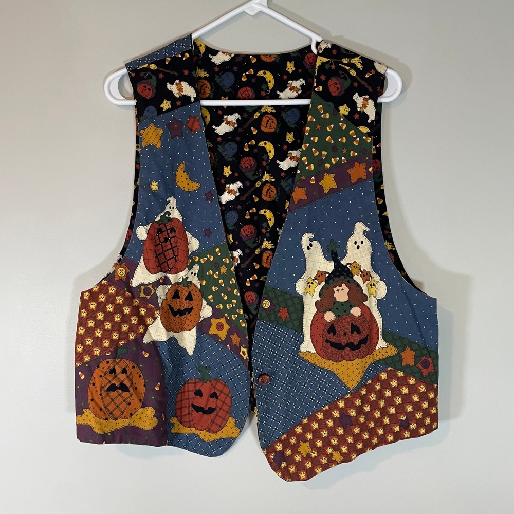 Halloween Reversible Womens Patchwork Vest Witches Pumpkins Ghosts XL Handmade
